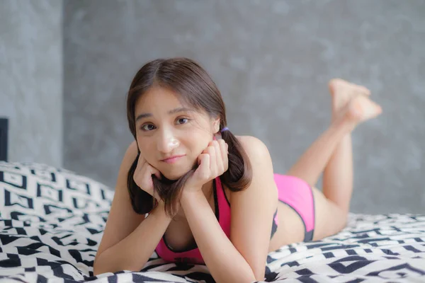 Asian Woman Bikini Posing Home Environment — Φωτογραφία Αρχείου