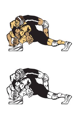 2 güreşçi renkli ve siyah-beyaz vektör güreşinde