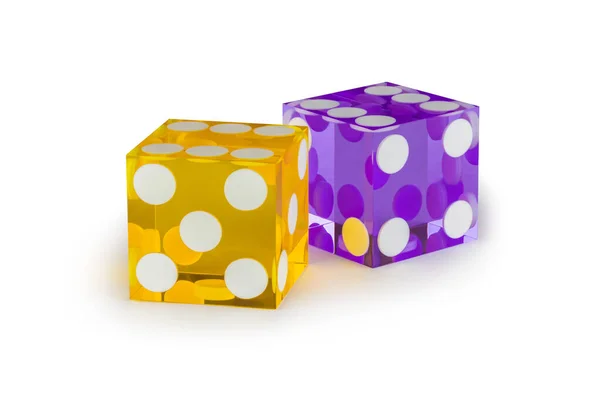 Дві Різнокольорові Скляні Кубики Ізольовані Білому Тлі Жовтий Шість Фіолетовий — стокове фото