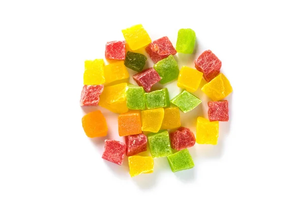 Cubos Coloridos Frutas Doces Cristalizadas Isolados Branco Vista Superior Espaço — Fotografia de Stock
