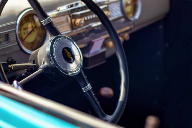 OMSK, RUSSIA - May 9, 2019: photograph of a fragment of the interior of a retro classic car