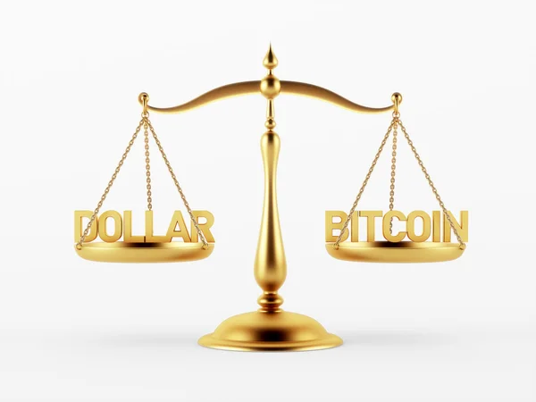 ドルおよび bitcoin の正義のスケールの概念 — ストック写真