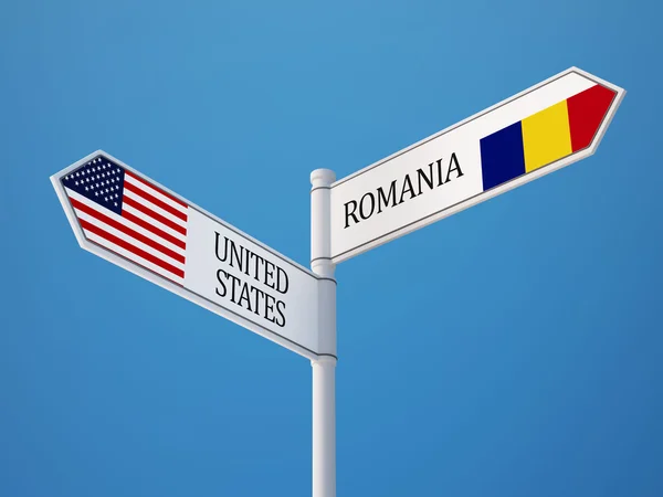 Roumanie États-Unis Signer Drapeaux Concept — Photo