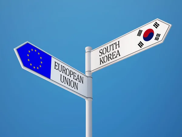 Europeiska unionen Sydkorea tecken flaggor koncept — Stockfoto