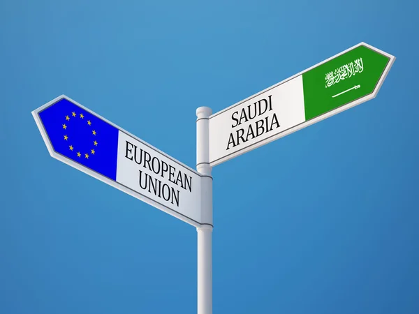 Europeiska unionen Saudiarabien tecken flaggor koncept — Stockfoto