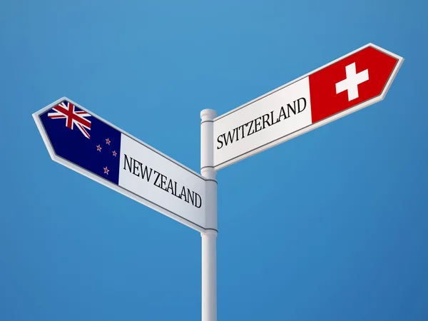Švýcarsko Nový Zéland znamení příznaky koncept — Stock fotografie
