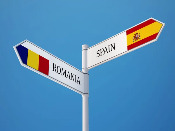 Rumänien Spanien tecken flaggor koncept — Stockfoto