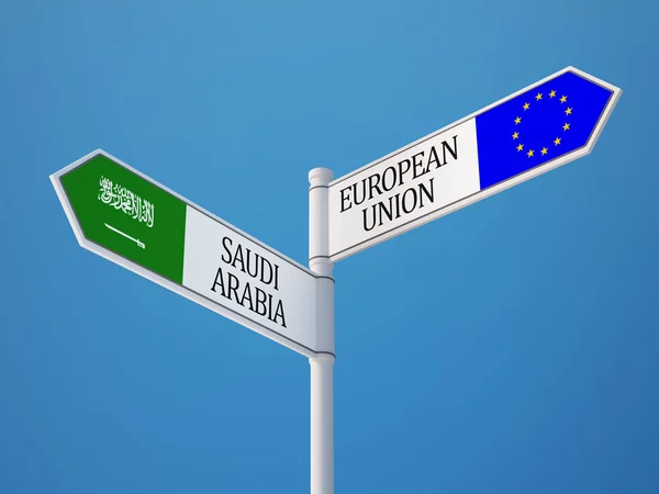 Europeiska unionen Saudiarabien tecken flaggor koncept — Stockfoto