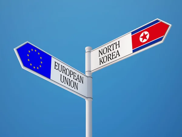 Europeiska unionen Nordkorea tecken flaggor koncept — Stockfoto