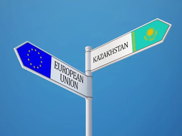 Europeiska unionen Kazakstan tecken flaggor koncept — Stockfoto