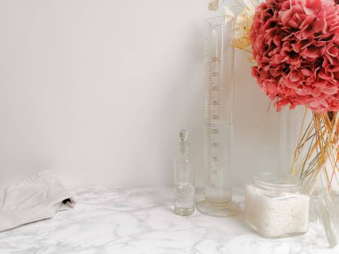 Ev yapımı DIY ekolojik temizlik ürünleri için sirke ve kabartma tozu gibi temel ev malzemeleri