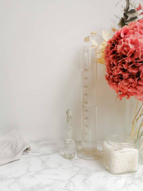 Ev yapımı DIY ekolojik temizlik ürünleri için sirke ve kabartma tozu gibi temel ev malzemeleri