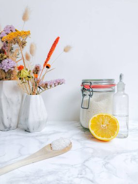 Çevre dostu bir yaşam tarzı için limon ve sirke gibi tüm doğal ürünlerin ev yapımı plastik deterjanı.