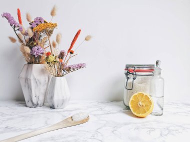 Çevre dostu bir yaşam tarzı için limon ve sirke gibi tüm doğal ürünlerin ev yapımı plastik deterjanı.