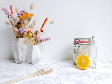 Çevre dostu bir yaşam tarzı için limon ve sirke gibi tüm doğal ürünlerin ev yapımı plastik deterjanı.