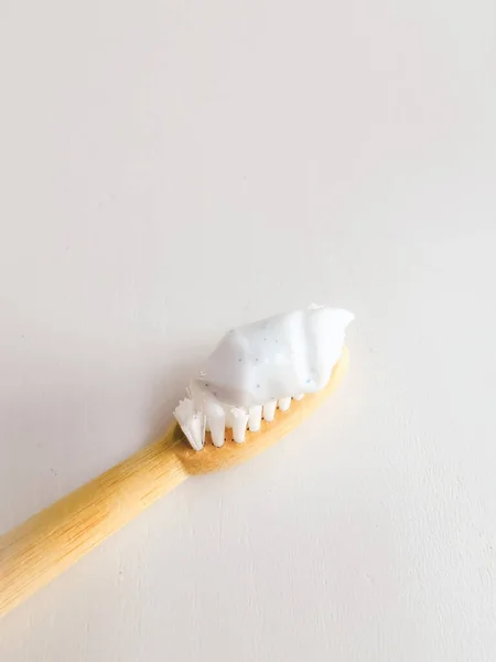 Micro Plastic Particles Smear Toothpaste Wooden Toothbrush Representation Micro Plastic — Stock Photo, Image
