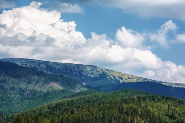 Dağlar, ormanlar ve bulutlu gökyüzü.