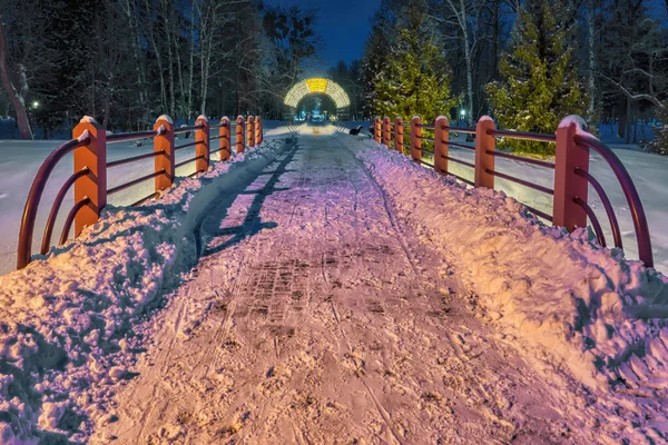 Winter Night Landscape Bridge Small River Park Covered Snow — Stock Photo, Image