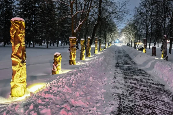 Winter Night Alley Chimeras Statues Monsters Covered Snow Park City — Stock Photo, Image