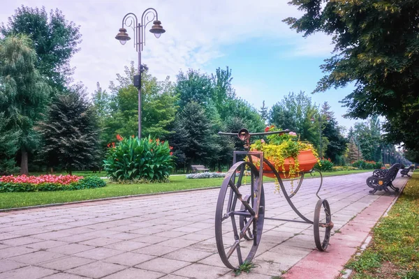 Sikátor Parkban Virágágyások Lámpák Előtérben Stilizált Vintage Kerékpár Virágágyás — Stock Fotó