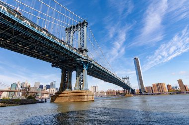 Manhattan Köprüsü 'nün New York City ufuk çizgisine uzanan geniş açılı görüntüsü. ABD 'nin NYC şehrinde mavi gökyüzü altında ikonik asma köprü mimarisi.