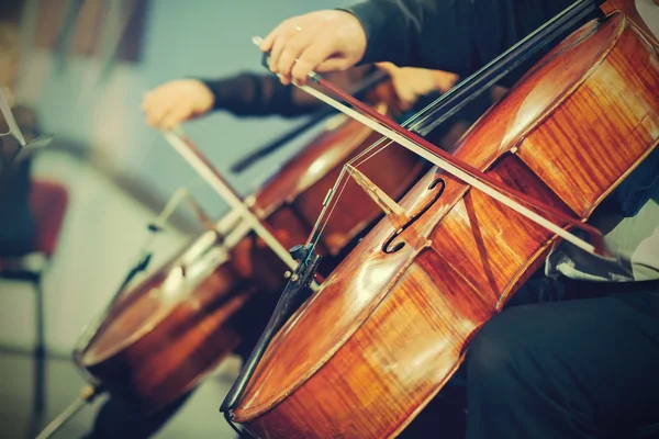 Symphony orchestra on stage, hands playing cello — Stock Photo, Image