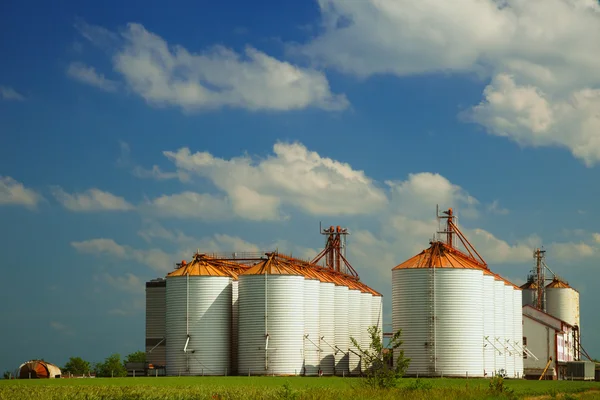 Jordbruks silos under blå himmel, i fälten — Stockfoto