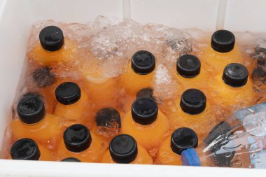 Plastik şişelerde taze sıkılmış portakal suyu.