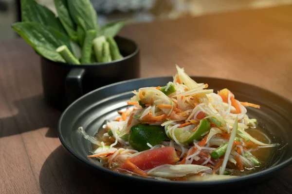 Food and beverages Fresh papaya salad, Papaya salad and Isan style vermicelli in Thai restaurants