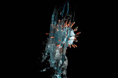 Coronavirus 'un suya düşüşünün görüntüsü ve siyah arka planda risk kavramı.