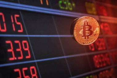 Altın Bitcoinler ve grafikli elektronik para konsepti. İş ve finans geçmişi stoğu