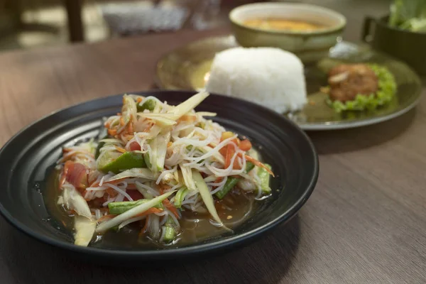 Food Beverages Fresh Papaya Salad Papaya Salad Isan Style Vermicelli — Stock Photo, Image