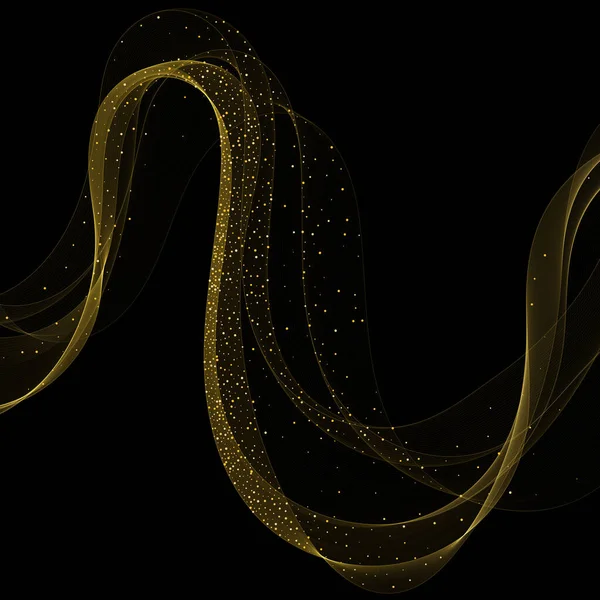 Abstraktní, lesklý design zlaté vlny s třpytivým efektem na tmavém pozadí. Vektorová ilustrace. eps 10 — Stockový vektor