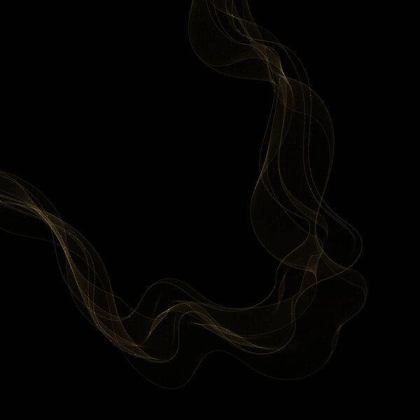 Abstract dark background with fire or gold curves. Light line gold swirl effect. glitter light fire flare with sparkling particles on black background. Magic sparkle swirl magic effect.
