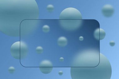 Arkaplanda bulanık mavi küreler ile dikdörtgen cam şekil çerçevesi.