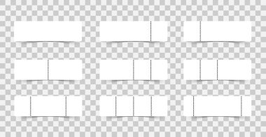 Şeffaf bir arkaplan üzerinde delik ve gölgeler olan boş beyaz biletler veya kuponlar.