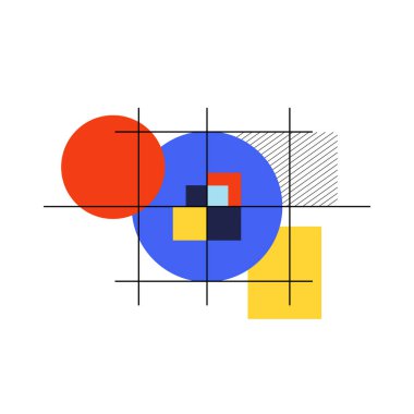 Bauhaus tarzında birincil renkler ve ince çizgiler içeren geometrik soyut kompozisyon.