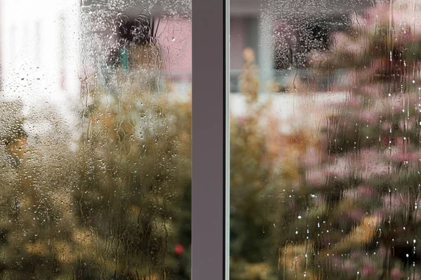 Wet window glass with many raindrops, water drippings and a blurred garden view