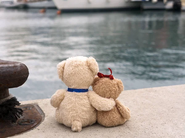 Två Nallebjörnar Kärlek Sitter Hamnen Och Tittar Havet Och Båtar — Stockfoto