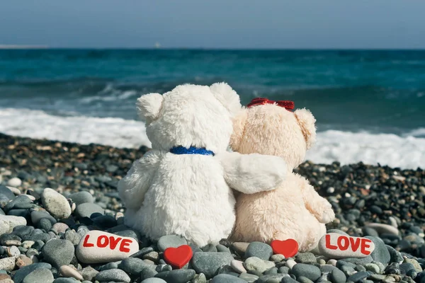 Zwei Verliebte Teddybären Sitzen Steinernen Strand Vor Welligem Meer — Stockfoto