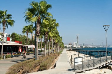 Limasol, Kıbrıs, 29 Ekim 2020: Palmiye ağaçları ve deniz iskelesi olan deniz kenarı gezisi Molos 'u