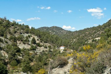 Küçük evi olan bahar dağlarının panoramik manzarası, Troodos, Kıbrıs