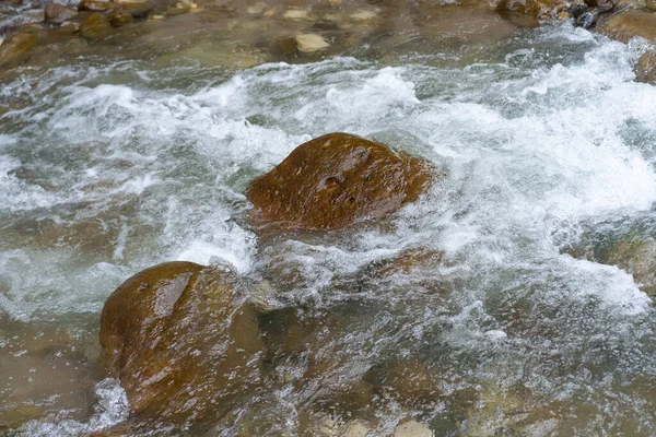 Mountain river flows over stones
