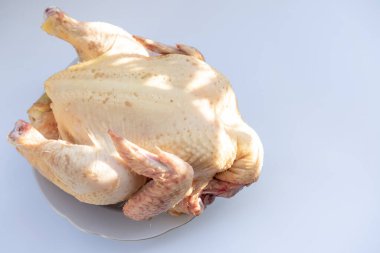 Pişirmek için tam tavuk.