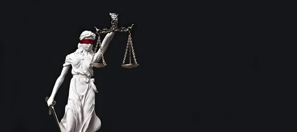 Justificación Diosa Romana Justicia Con Venda Roja Imagen Panorámica Con — Foto de Stock