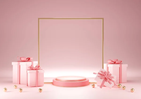 Podyum ve hediye kutusuyla 3D pembe renkte yapılmış. Altın Geomoetric dekorasyonu. Pastel pembe sahne ve minimal biçim