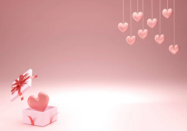 Kırmızı kurdeleli 3D pembe kalp hediye kutusu kalp hareketini de içeriyor. Pastel pembe sahne ve minimum arkaplan tarzı. Sevgililer Günü konsepti..