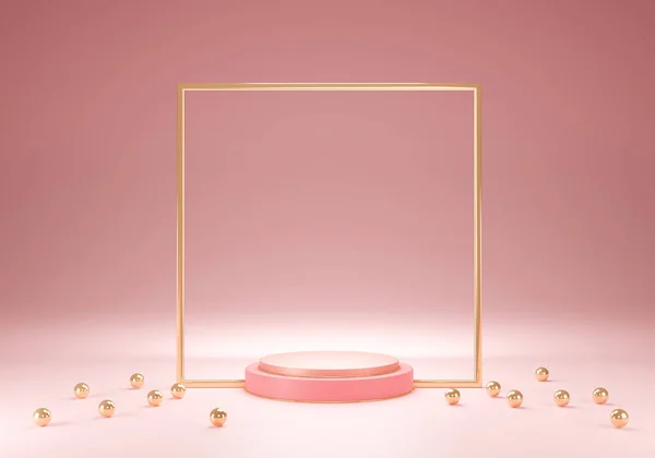 Altın geometrik dekorasyonlu 3D altın kaplama. Pastel pembe sahne ve minimum arka plan stili. Sevgililer Günü konsepti.