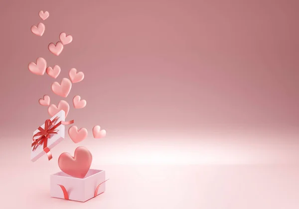 3D pembe kalp, kırmızı kurdeleli hediye paketi. Pastel pembe sahne ve minimum arka plan stili. Sevgililer Günü konsepti.