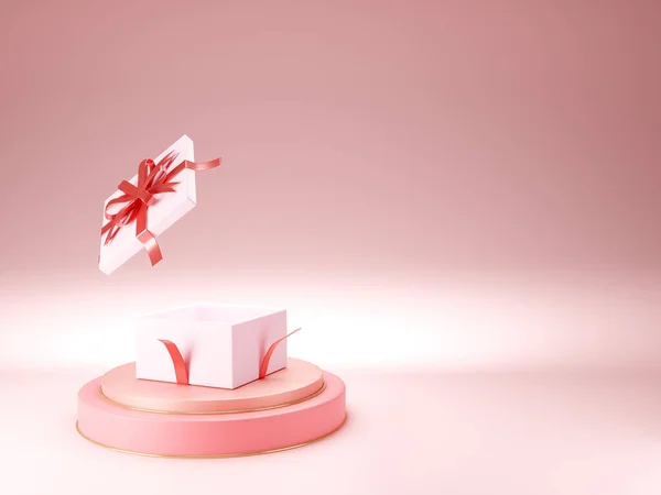 3D kırmızı kurdele. Hediye kutusu açık. Üzerinde pembe altın bir sahne var. Pastel pembe sahne ve minimum arka plan stili. Sevgililer Günü etkinliği.